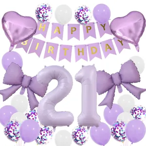 Matte purple birthday balloon set featuring number 21, bow and heart foil balloons.
