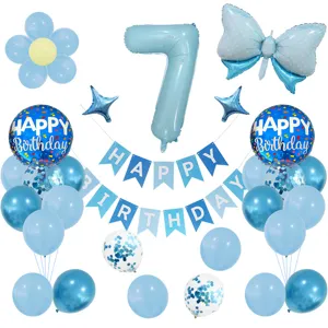 Set de globos de decoración para fiesta de cumpleaños azul con globo de número 7.