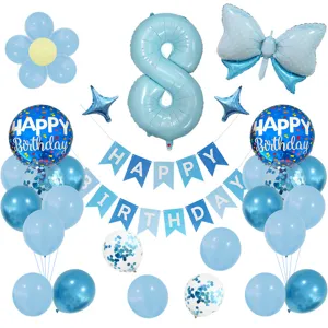 Detalles del juego de globos de cumpleaños azul con globo de aluminio número 8 y guirnalda.