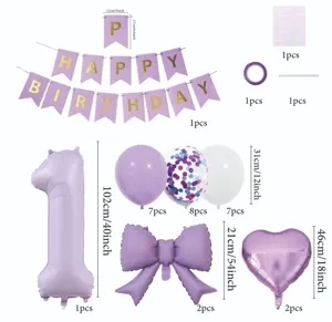 Matte purple birthday balloon set details, including foil numbers, banner and accessories.
