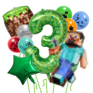 Minecraft Geburtstag Ballons Set mit Pixel Nummer 3 und Block Ballons für die Party.
