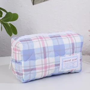 Trousse de maquillage matelassée à carreaux grande capacité pochette cosmétique mignonne