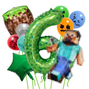 Minecraft Geburtstag Party Ballon Set mit Pixel Nummer sechs und Steve Folienballons.