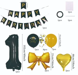 Matte black gold birthday balloon banner set with number one foil balloons and bows.