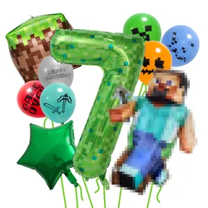Minecraft Geburtstag Ballons Set mit Pixel Zahl 7, Block und Spielfigur Dekorationen.