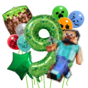 Minecraft Party Ballon Set Detail mit Pixel Block und Nummer 9 Folienballon für Deko.