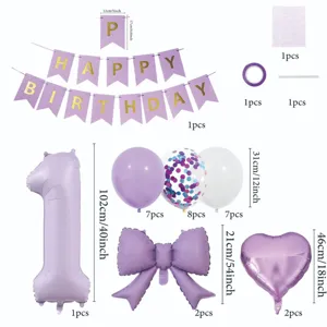 Matte birthday balloon set with banner number one foil balloons and bow heart decor for party.
