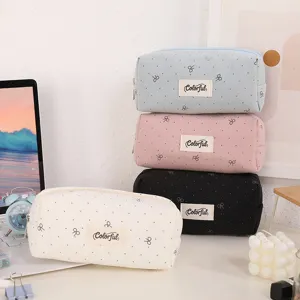 Cute Cotton Fabric Bowknot Embroidered Pencil Case Large Capacity Polka Dot Stationery Bag High Appearance Zipper Pencil Box For Students Office School Storage Bag
