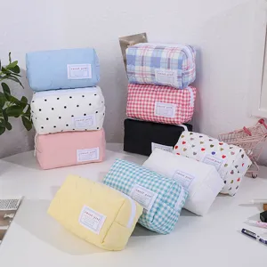 Trousse de Maquillage Matelassée Motif Cœur Grande Capacité Pochette de Rangement en Coton Voyage Trousse Scolaire Femme