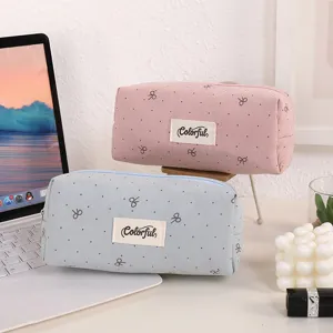 Canvas pencil case large capacity cute bow design school student stationery storage bag