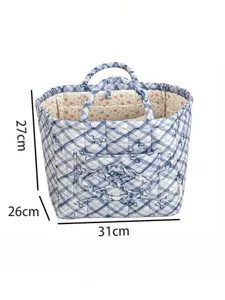 Gesteppter Aufbewahrungskorb mit blauem Karomuster und Schleifen, große Stofftasche.