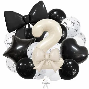 Cream bow number balloon set, large number and star heart balloons for birthday party decor.