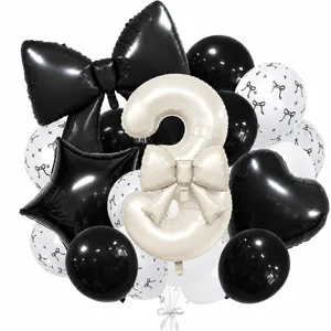 Cream number 3 foil balloon set with black and white bow print balloons for birthday party decor