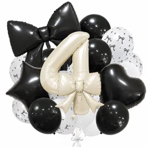 Detailed view of cream bow number 4 balloon set, elegant black and white party decor.