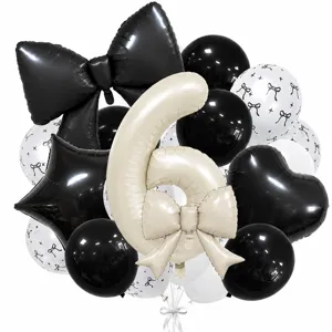 Cream number 6 balloon set with black bow, perfect for birthday party and baby shower decor.