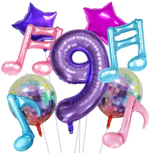 Set di palloncini in alluminio con note musicali disco viola, decorazione festa compleanno numero 9.