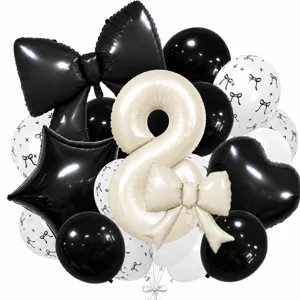Close-up details of the luxury cream bow and number 8 balloon set for festive party.