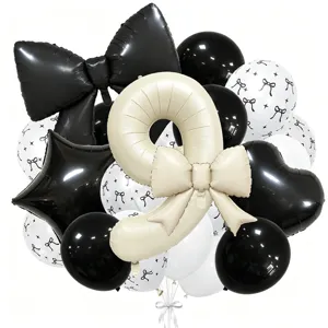 Cream bow number balloon set, luxury black and white birthday party decoration for baby shower.