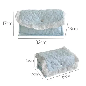 Blue star quilted storage basket with lace trim, large capacity rectangular bedroom organizer box.