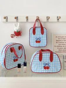 Blue plaid cherry cosmetic bag, large capacity portable travel makeup storage pouch
