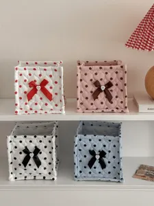 Nylon Quilted Polka Dot Square Storage Basket Bow Heart Decorative Desktop Bedside Organizer Fabric Storage Box