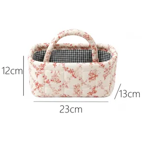 French red toile de jouy quilted storage basket detail view with black and white gingham lining