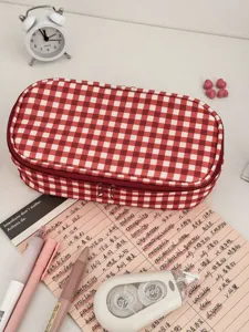 Red white grid pencil case detail, minimalist large capacity student stationery storage box.