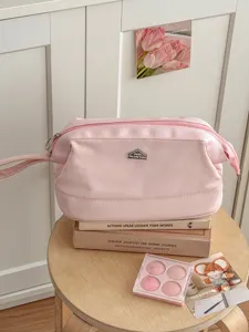 Rosa Kosmetiktasche mit Metall Logo, große Make-up Tasche für Reise und den täglichen Gebrauch.
