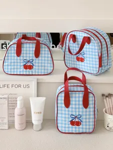 Checkered Cherry Embroidered Makeup Bag Large Capacity Portable Handheld Cosmetic Bag Multi-Functional Travel Toiletry Storage Organizer