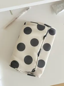Large polka dot canvas cosmetic bag, portable travel storage pouch for daily makeup essentials.