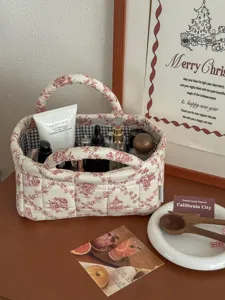 French style quilted fabric storage basket desktop cosmetic organizer for home use