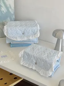 Blue quilted storage basket with white lace ruffles, aesthetic rectangular organizer box.