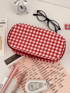 Red and white checkered pencil case, minimalist large capacity student stationery organizer.