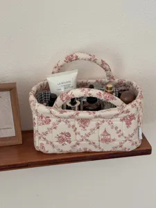 French vintage toile de jouy quilted storage basket for desktop cosmetics and sundries organizing.