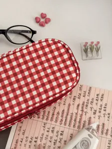 Red and white plaid pencil pouch, large capacity aesthetic stationery storage box for students.