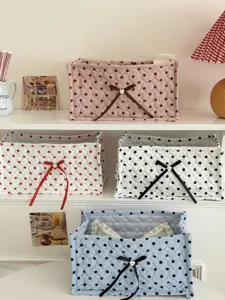 Cute heart polka dot quilted fabric storage box desktop organizer basket with ribbon bow.
