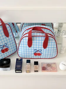 Blue gingham cherry cosmetic bag large capacity portable travel makeup storage bag.