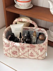 French toile quilted storage basket detail, desktop cosmetic organizer, vintage red vine fabric bin.