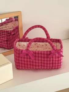 Pink checkered quilted storage basket tote bag with sweet bows, retro desktop organizer bin.