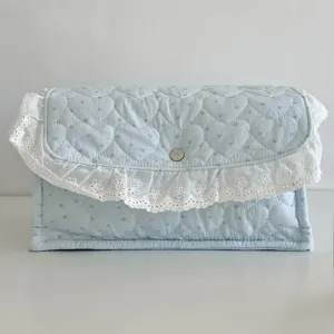 Light blue quilted storage basket with heart pattern, white lace trim and metal snap closure.