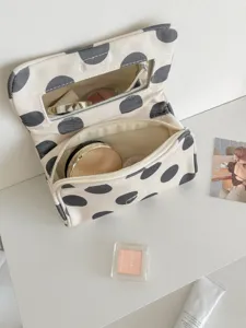 Large polka dot canvas makeup bag with mirror, portable high capacity travel storage pouch.