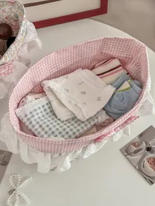 Cestino portaoggetti in tessuto a quadri rosa con pizzo per scrivania, dolce scatola pieghevole.