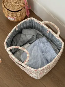French fabric storage basket, floral quilted laundry basket with handles for clothes and snacks.