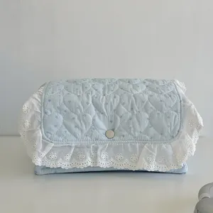 Blue quilted storage box with white lace trim, cute star pattern fabric basket for bedroom.