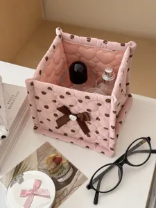 Pink polka dot quilted storage basket, cute bowknot desk organizer for cosmetics