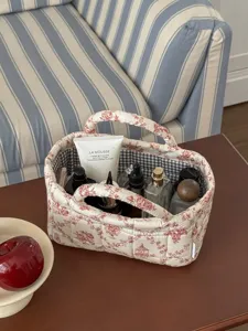 French quilted fabric storage basket for desktop cosmetics and multi-functional sorting.