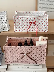 Quilted rectangular storage basket with cute heart and polka dot pattern for desktop organization