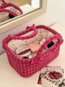 Pink gingham quilted storage basket french vintage style fabric basket with cute bows detail