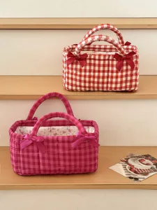 French vintage quilted storage basket detail featuring cute bows and floral fabric lining