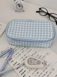 Blue plaid pencil case minimalist large capacity stationery storage pouch for students